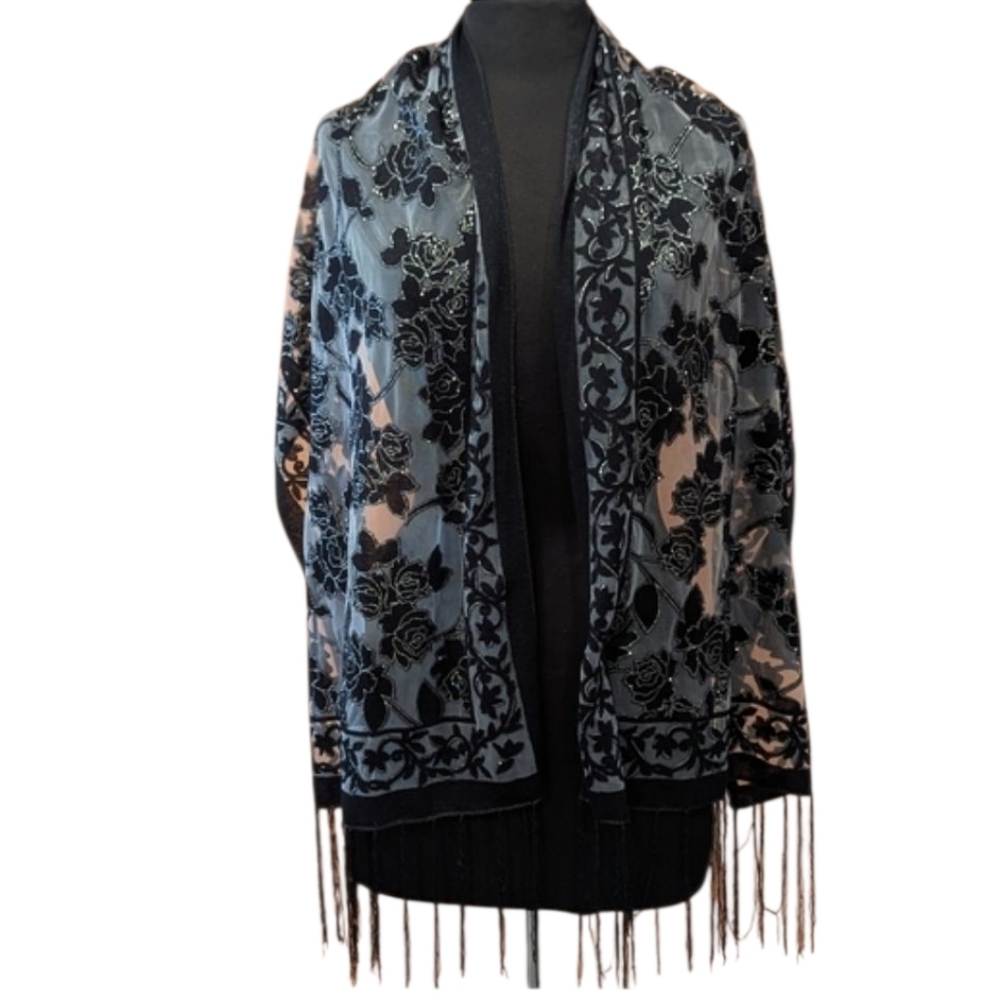 Vintage Sheer Velvet Scarf Burnout Hippie Stevie Nicks Fringe Wrap Whimsigoth